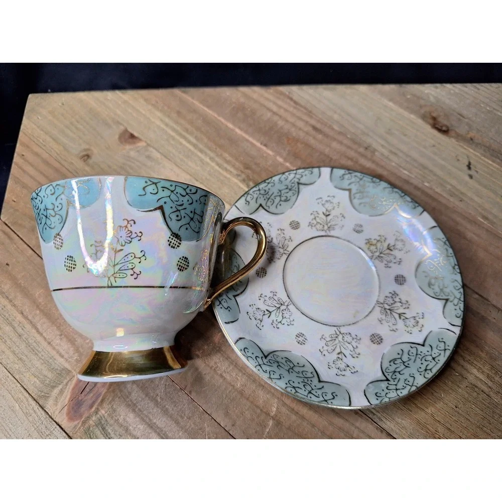 Vintage Made in Japan‎ Lusterware Teacup and Saucer Set Iridescent Gold Floral
